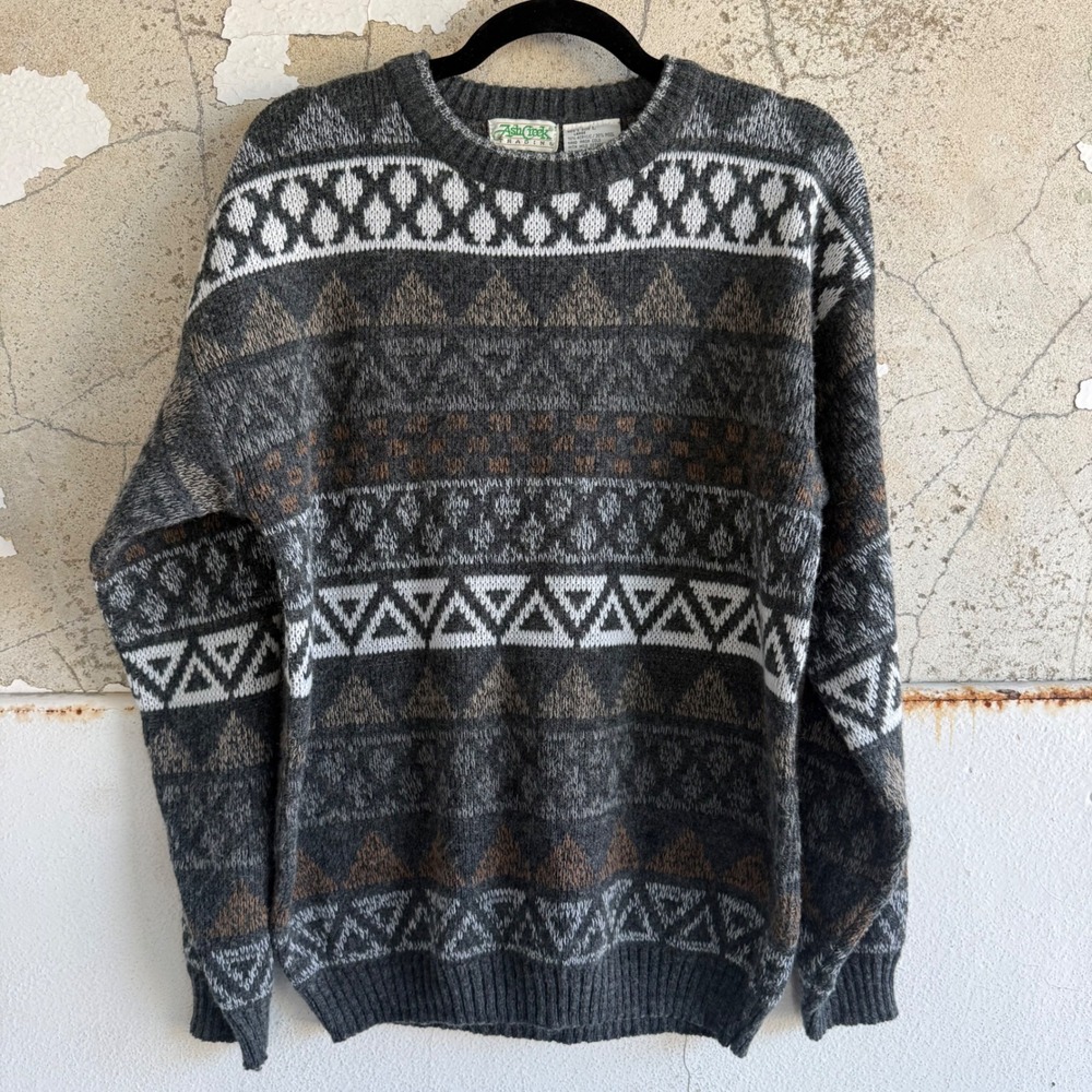 Vintage Sweater Grandpacore Geometric 80s 90s Knit Wool Blend Funky Retro Mens L